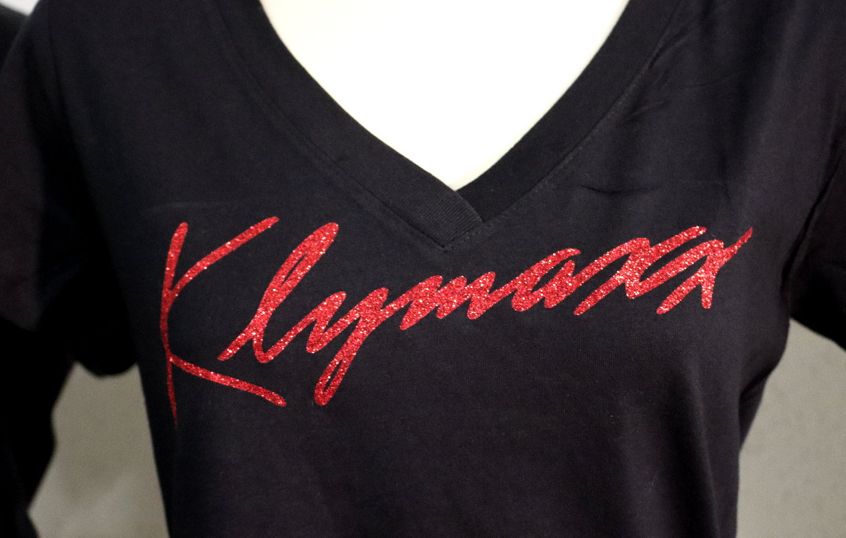 Klymaxx Glitter Ladies V-Neck Short Sleeve $he-Tee, Light, Soft & Flexible