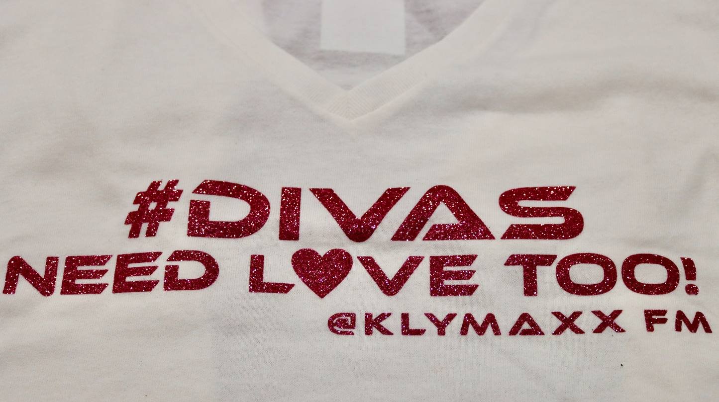 Divas Need Love Too! Glitter V-Neck Short Sleeve $he-Tee - Heavy Cotton, White