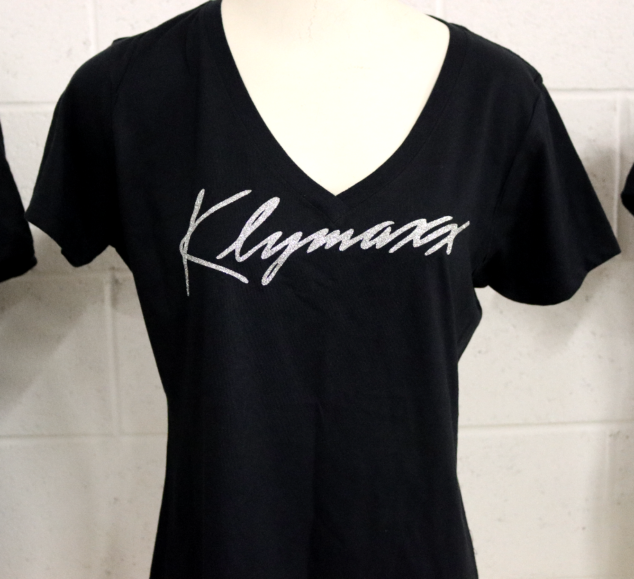 Klymaxx Glitter Ladies V-Neck Short Sleeve $he-Tee, Light, Soft & Flexible