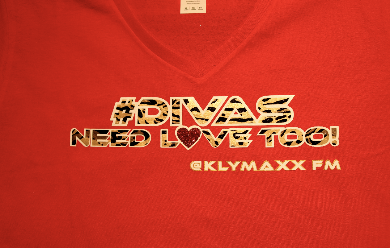 Divas Need Love Too! Red w/ Cheetah Print Ladies V-Neck $he-Tee,  Heavy Cotton