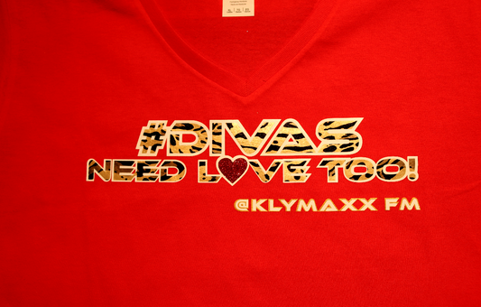 Divas Need Love Too! Red w/ Cheetah Print Ladies V-Neck $he-Tee,  Heavy Cotton