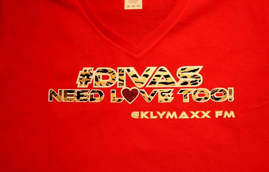 Divas Need Love Too! Red w/ Cheetah Print Ladies V-Neck $he-Tee, Heavy Cotton