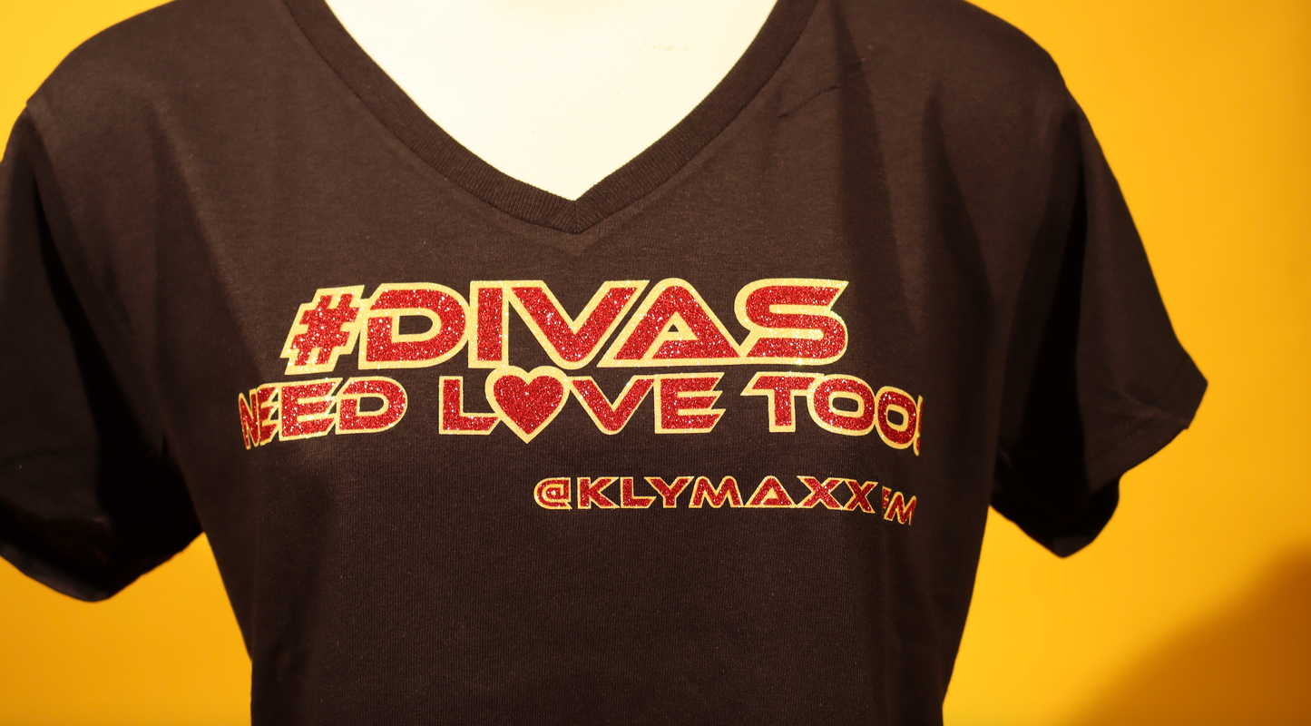 Divas Need Love Too! Glitter V-Neck Ladies Short Sleeve $he-Tee - Heavy Cotton-Black