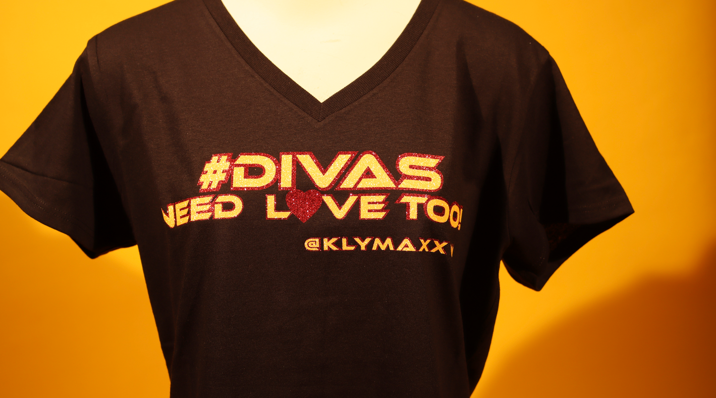 Divas Need Love Too! Glitter V-Neck Ladies Short Sleeve $he-Tee - Heavy Cotton-Black