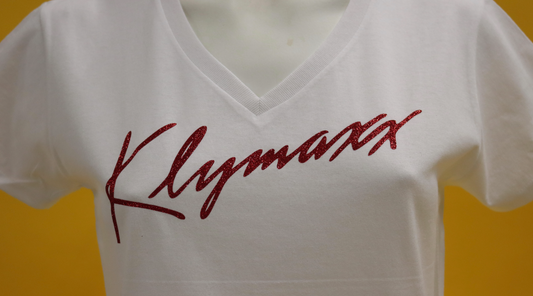 Klymaxx Red Glitter Ladies V-Neck Short Sleeve $he-Tee - Heavy Cotton - White